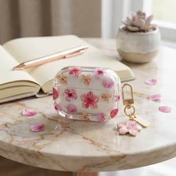 Transparant roze hoesje voor oordopjes dames met bloemen patroon en decoratieve hanger geschikt voor AirPods Pro 3 met ronde vorm en goudkleurige clip — thumbnail 2