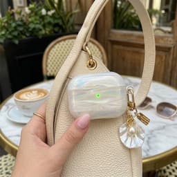 Transparant parelmoer hoesje voor oordopjes dames met schelp patroon en decoratieve hanger geschikt voor AirPods Pro 3 met iriserende afwerking en clip — thumbnail 4