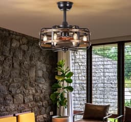 Plafondventilator met Verlichting - Industriële Retro - Zwarte Metalen Kooi - Stille 3 Snelheden - Reversibel Plafondventilator - Met Afstandsbediening - Vervangbaar 6x E14 - Lamp voor Woonkamer — thumbnail 2
