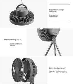 Campingventilator - Tentventilator - Draagbare Ventilator - USB Oplaadbaar - Met Statief - Met Haak - 3 Snelheden - 4000 mAh - Zwartgrijs — thumbnail 5