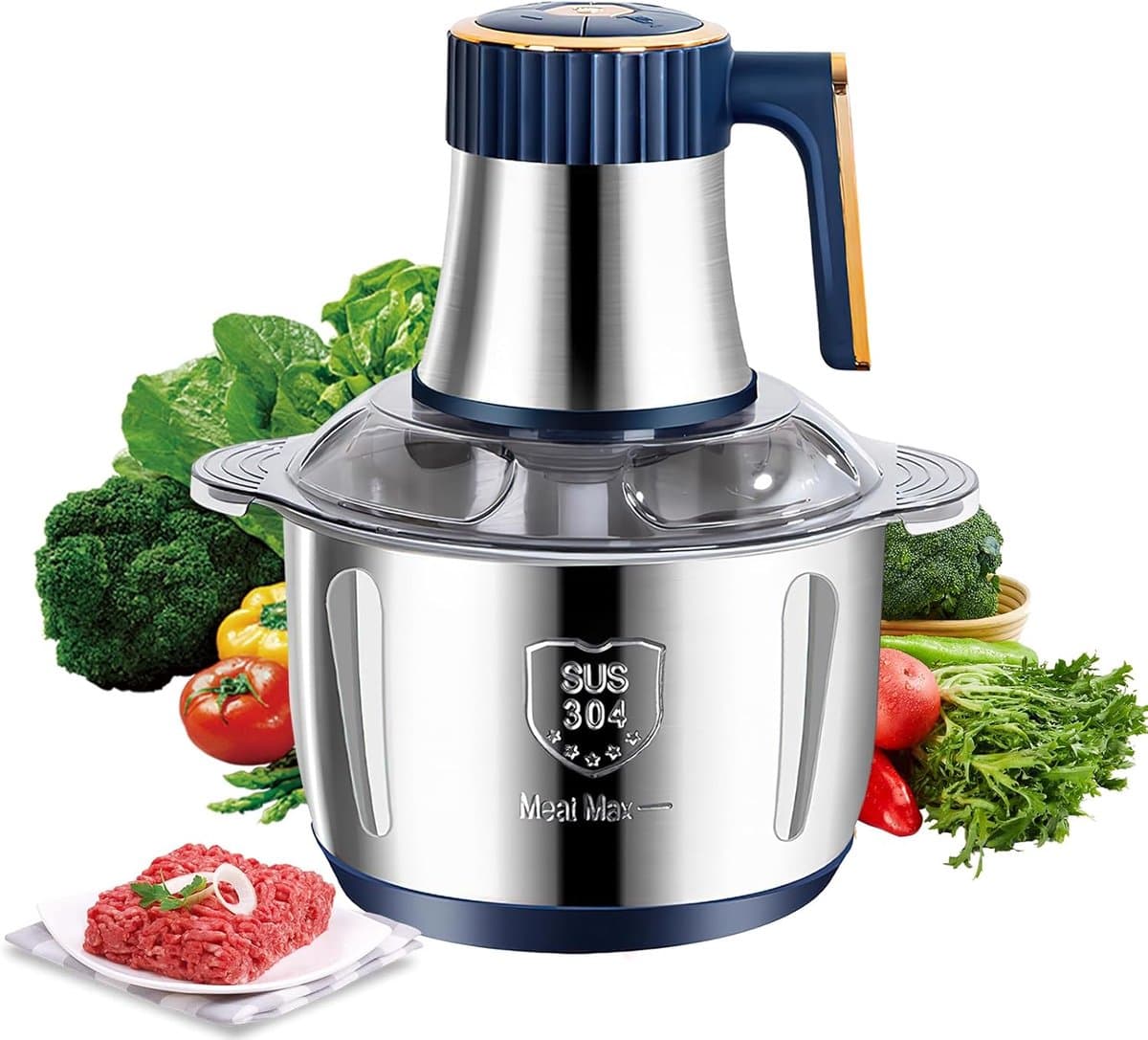 Hakmolen - Hakmolen electrisch - Hakmolen Elektrisch - Elektrische hakmolen - Vleesmolen - Multifunctionele hakker - 5L - 500W - 5 snelheidsniveaus - RVS - Vlees - Groenten - Fruit - Blauw — afbeelding 1