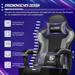Hiaonyx Gaming Stoel - 170° Verstelbare Rugleuning - Inklapbare Voetsteun - racerstijl - Geïntegreerde Armleuningen - Maximale Belastbaarheid 150kg - Grijs — thumbnail 3
