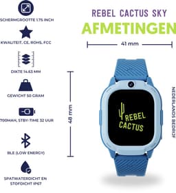 Rebel Cactus SKY (Blauw) - kindersmartwatch - GPS tracker - Whatsapp - (video) bellen - SOS/Geofence - Groot display 1.75" - Gratis OuderApp - Batterij: 32uur - Alle wereldtalen - Geen internet en geen socials - Wel apps - Uit tijdens school - Wifi — thumbnail 2