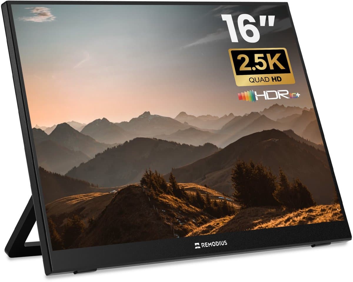 Remodius® Portable Monitor 16 Inch 2.5K – Ultralicht en Superdun Draagbaar Extra Scherm voor Laptop met Ingebouwde Kick-Stand – USB-C & HDMI – Plug & Play — afbeelding 1