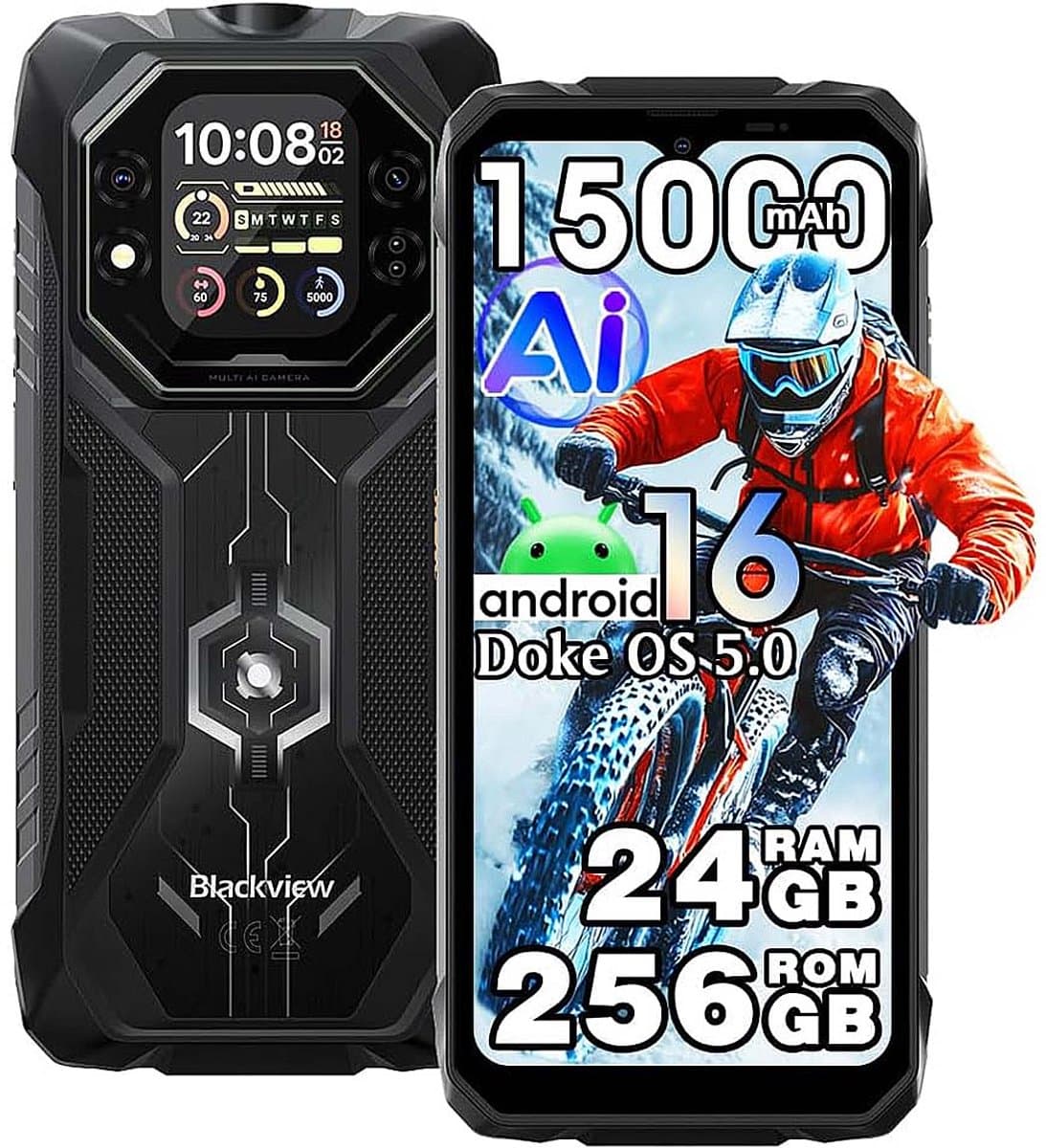 Blackview ROCK 1 Robuuste Smartphone - 24GB RAM - 256GB ROM - Android 16 - 15000mAh - Gemini AI Robuuste Telefoon - 6,56 inch - IP68/IP69K - 4G Dual SIM - NFC - OTG - GPS - Zwart — afbeelding 1