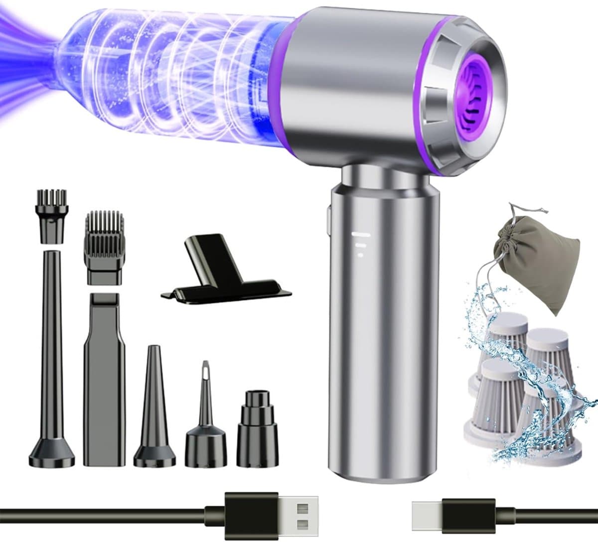 SNJY® Auto Stofzuiger - Kruimeldief - Handstofzuiger - Kruimelzuiger - 6 Opzetstukken - Zuigen en Blazen - 120 W - Grijs/Paars — afbeelding 1
