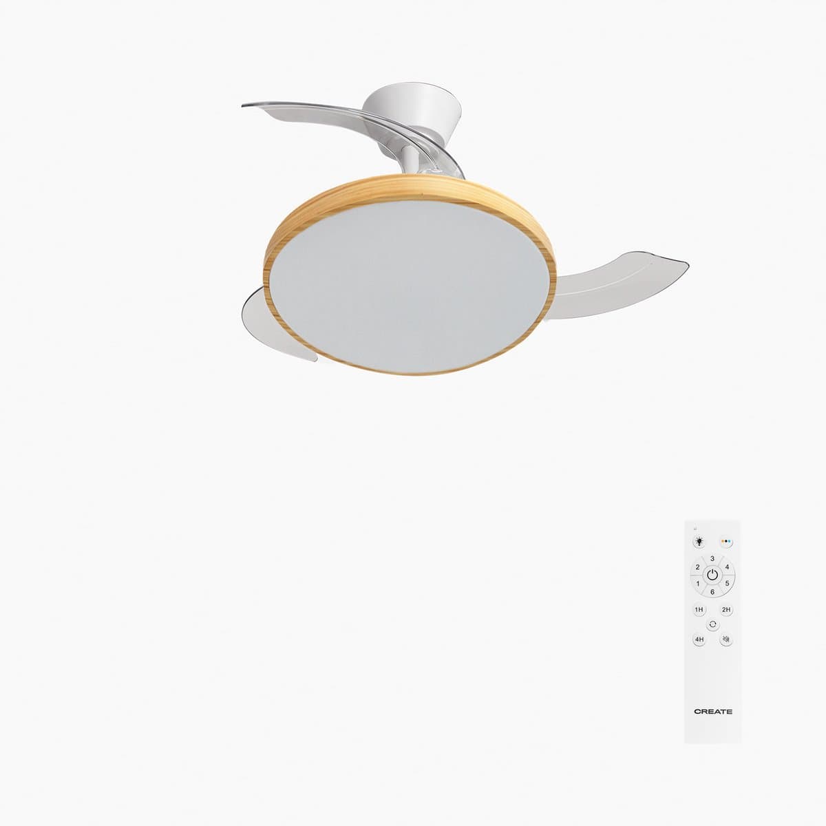 CREATE - Plafondventilator 40W stil met intrekbare bladen met licht - Ø91cm - Wit / Licht hout - Afstandsbediening - WIND CLEAR STUDIO — afbeelding 1