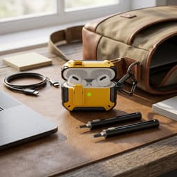 Geel robuust hoesje voor oordopjes met carbon look geschikt voor AirPods Pro 3 inclusief schoonmaakset en karabijnhaak – schokbestendig en duurzaam — thumbnail 2
