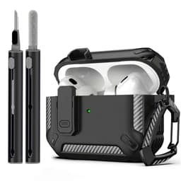 Zwart robuust hoesje voor oordopjes met carbon look geschikt voor AirPods Pro 2 inclusief schoonmaakset en karabijnhaak – schokbestendig en duurzaam — thumbnail 1