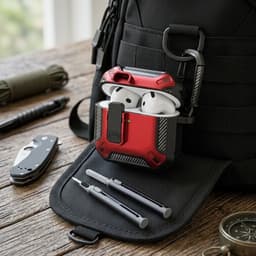 Rood robuust hoesje voor oordopjes met carbon look geschikt voor AirPods 4 inclusief schoonmaakset en karabijnhaak – schokbestendig en duurzaam — thumbnail 3