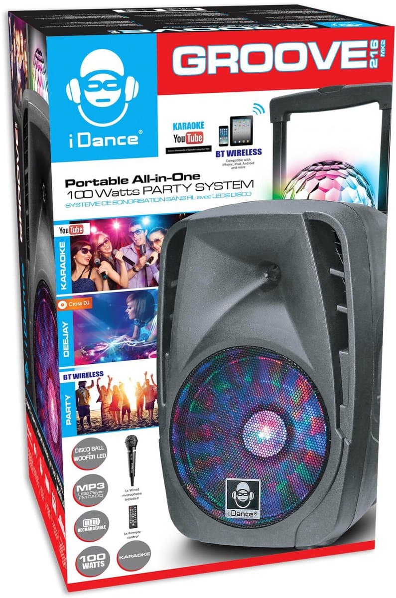 iDance Groove216MK2 Party Speaker - Draadloos - Bluetooth Speaker - FM Radio - 100 Watt - Discoverlichting - Met Microfoon en Afstandsbediening — afbeelding 1