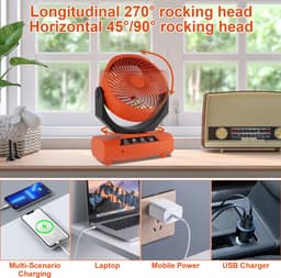 Campingventilator met LED-licht en powerbank - Ventilator - 20000 mAh - Mini Ventilator - Tafelventilator - Kleine Ventilator - Draagbare Ventilator - Handventilator - LED Verlichting & Powerbank - USB Oplaadbaar - Met afstandsbediening - Oranje — thumbnail 4