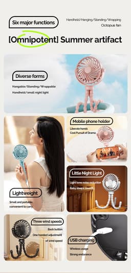 Handventilator - Draagbare Ventilator Oplaadbaar - Zwart - Hand Tafelventilator Draadloos - Kinderwagen Mini Fan - 3 Standen - mini ventilator - festival ventilator - octopus ventilator — thumbnail 3