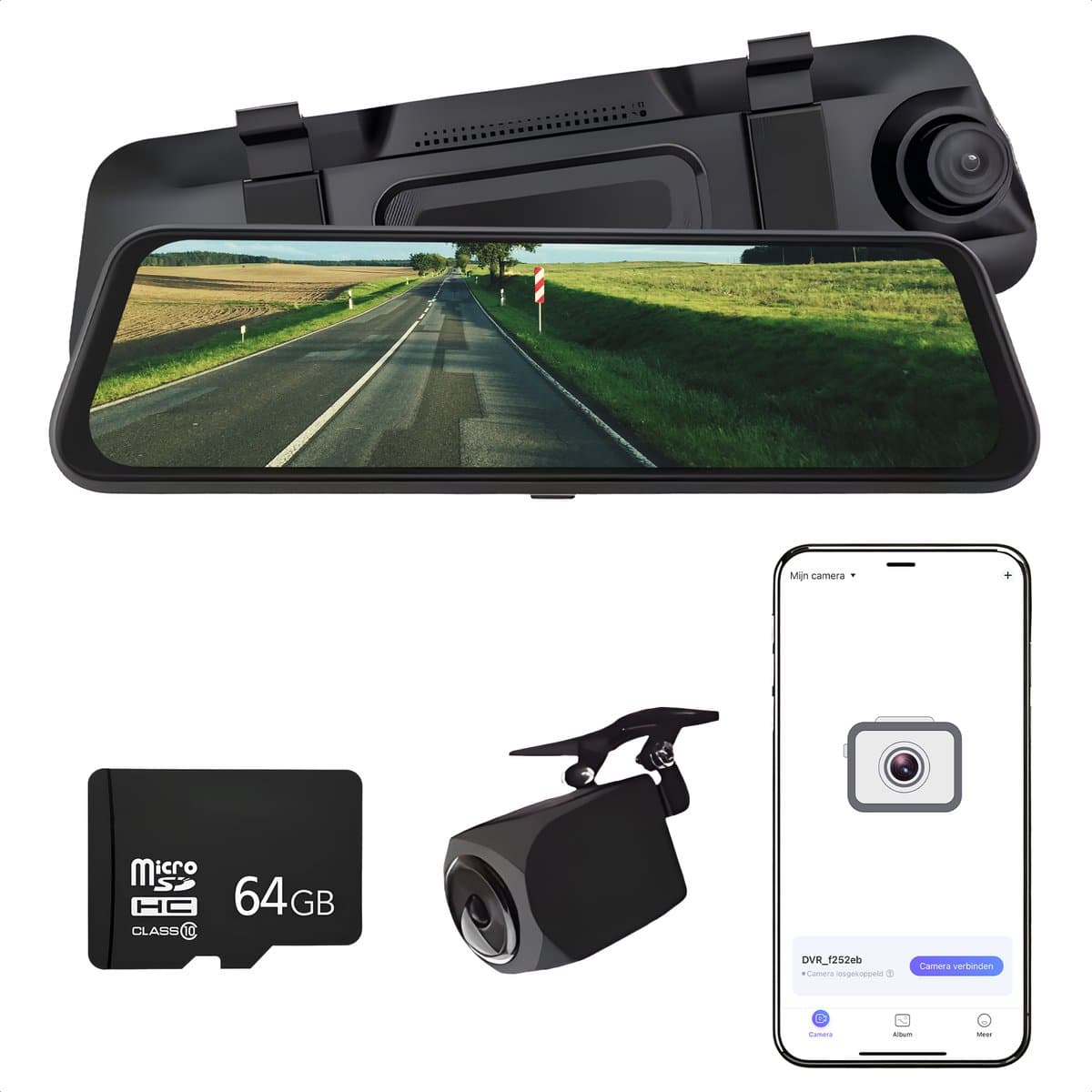 Journeyz® Dual Dashcam - Dashcam voor auto voor en achter - Op Achterspiegel - Touchscreen - WiFi & App - Incl. 64GB SD-kaart - Full HD 2K & 1080P - G Sensor - Loop opname - Nachtzicht - Parkeerbewaking - 170 graden hoek - Dashcams - Auto camera — afbeelding 1