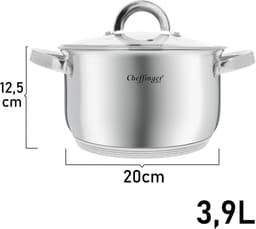 Cheffinger, Roestvrijstalen Kookpan met Glazen Deksel 20cm 3.9L Inductie Compatibel, Zilveren — thumbnail 4