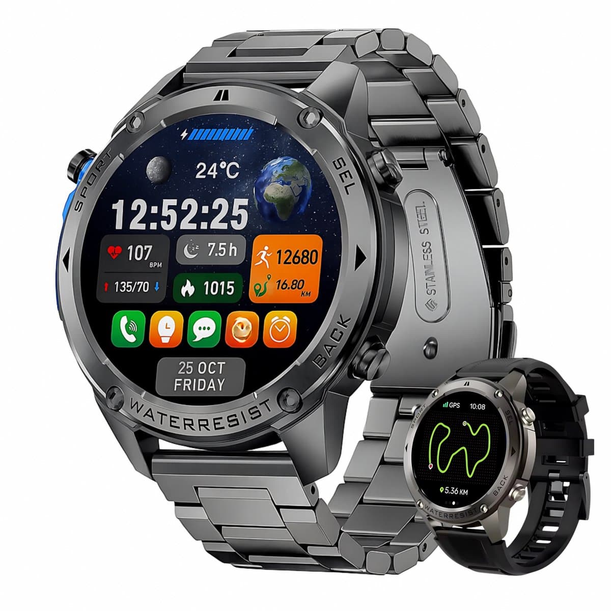 Royal Empire GPS Smartwatch - Smartwatch Heren - 1.43" AMOLED - Sport Horloge - Belfunctie - 5ATM Waterdicht - 170+ Sportmodi - Hartslag & SpO2 - Stappenteller - RVS & TPU Bandje - Geschikt voor alle Smartphones - Zwart — afbeelding 1