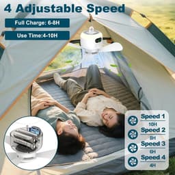 Draagbare kampeerventilator, plafondventilator voor tenten, oplaadbaar 8000 mAh met licht en haak, tijdgestuurd en automatisch uitschakelend, afneembaar ventilatorblad, te gebruiken voor tentluifels, campers, prieelen, strand, slaapzaal, slaapkamer — thumbnail 2
