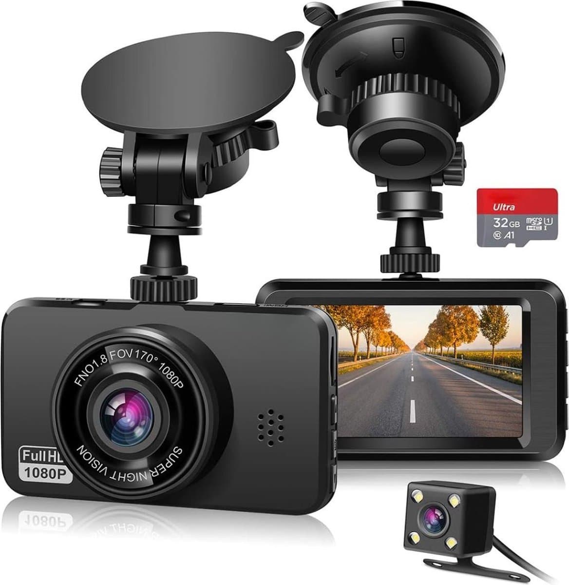 Thuys – Dashcam Voor Auto Voor En Achter – Achter Draadloos – Full HD Gps – 4 x 9 x 6cm – Zwart — afbeelding 1