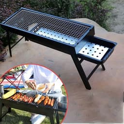 Opvouwbare Houtskool Barbecue – Draagbare Rechthoekige BBQ Grill – Voor Camping, Tuin, Picknick of Terras – Ultralicht Metaal – Zwart – 60x22x32 cm — thumbnail 2