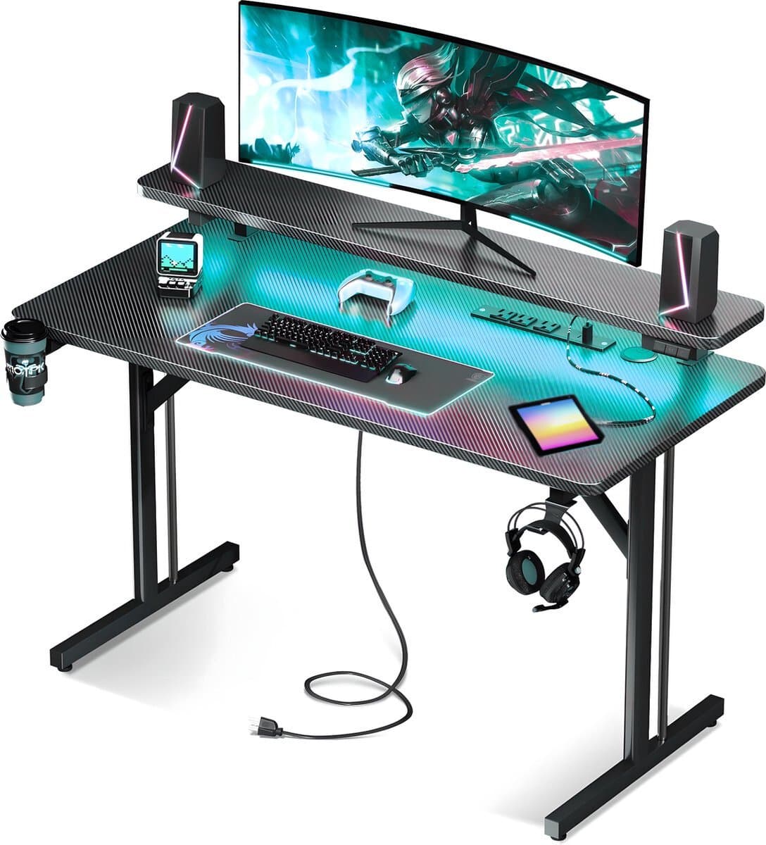 Five Stars® Game Bureau - 100x50x75 cm - Game Bureau met LED verlichting - Zwart Carbon - Gaming Desk - Computertafel - RGB LED Verlichting — afbeelding 1