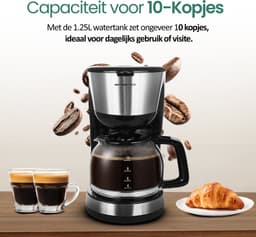Emerio Koffiezetapparaat met Glazen Kan - 1,25L Filterkoffie - 10 kopjes per keer - Uitneembaar Filter - Non-Drip systeem - 1000W - CME-122933 Zwart — thumbnail 4