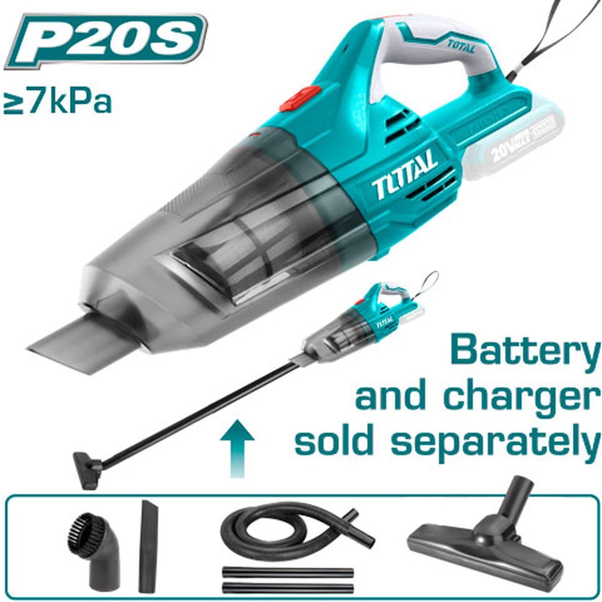 Total Tools Handstofzuiger/Kruimeldief 20V - Losse body incl. 4x opzetstuk & 2x verlengstuk — afbeelding 1