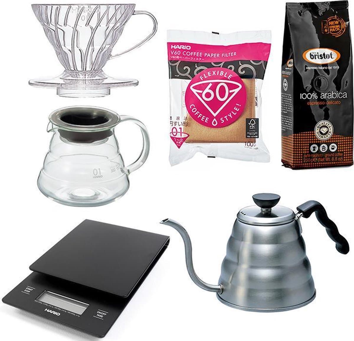 Hario V60 Range Server Slow Coffee starter set 1-2 kops + Bristot Diamante 100% Arabica gemalen koffie — afbeelding 1