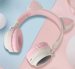 Kinder hoofdtelefoon - koptelefoon Bluetooth met led katoortjes licht grijs - roze — thumbnail 5