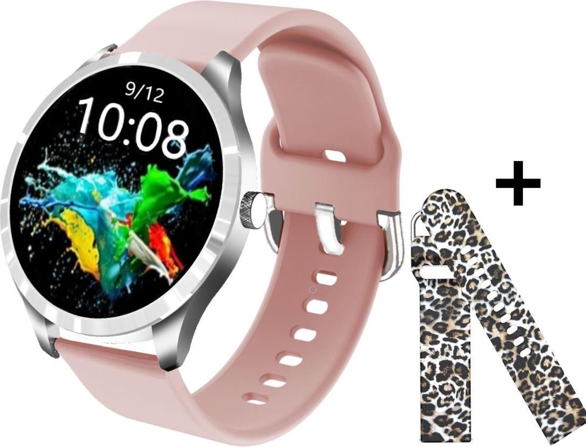 Belesy® BQSiRgPk Pro - Smartwatch Dames – Smartwatch Heren - Horloge - 1.28 inch - Kleurenscherm - Stappenteller - Bloeddruk - Hartslag - 75+ Wijzerplaten – Sporten – Zilver – Siliconen – Roze – extra polsband Panterprint - Kerstcadeau — afbeelding 1