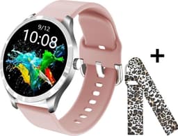 Belesy® BQSiRgPk Pro - Smartwatch Dames – Smartwatch Heren - Horloge - 1.28 inch - Kleurenscherm - Stappenteller - Bloeddruk - Hartslag - 75+ Wijzerplaten – Sporten – Zilver – Siliconen – Roze – extra polsband Panterprint - Kerstcadeau — thumbnail 1