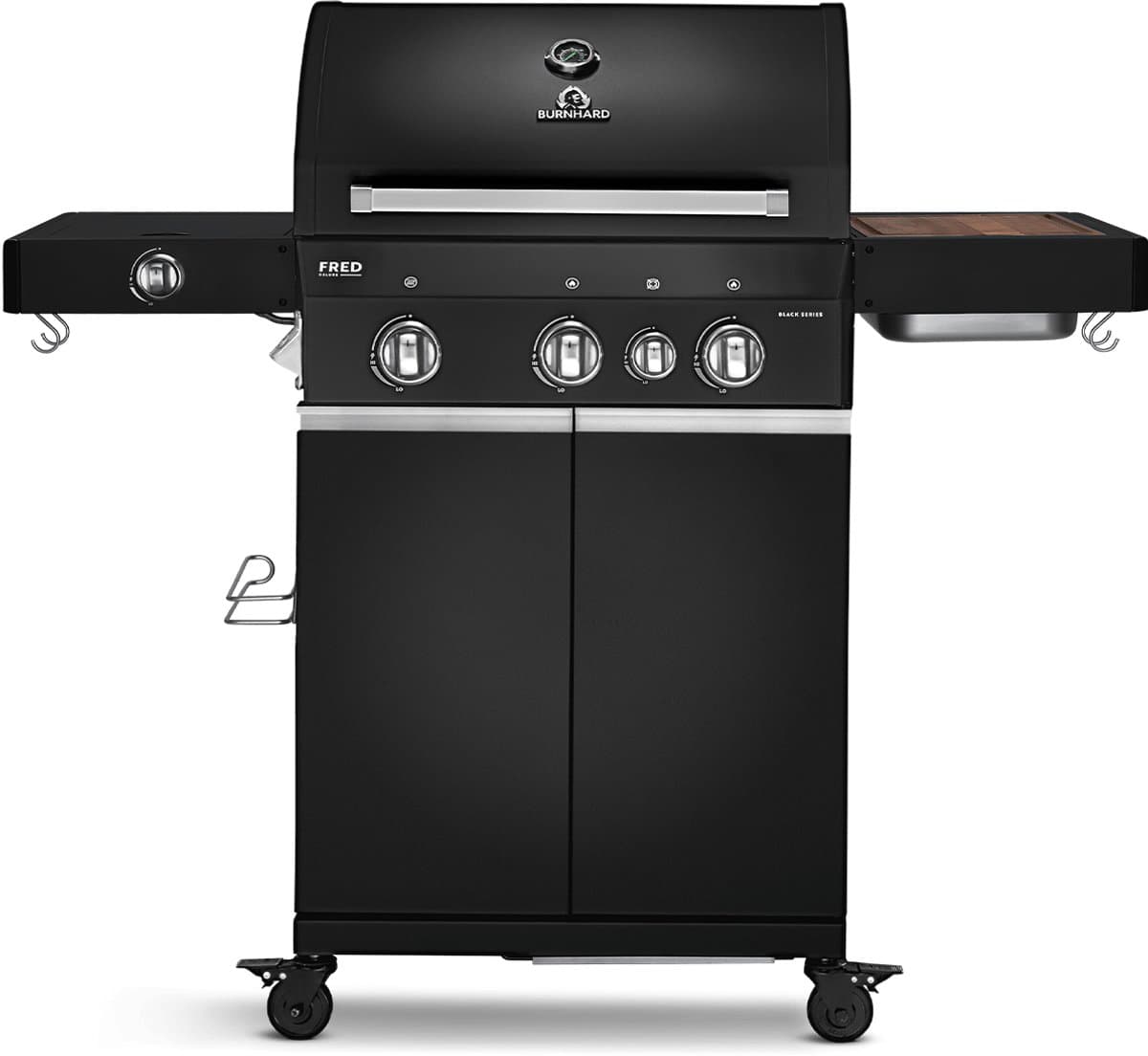 BURNHARD® 3 Branders gasbarbecue FRED Deluxe BLACK Series 3 incl. achterbrander, keramische 900°C infraroodbrander, zijkookplaat, RVS grillrooster + uitklapbare zijtafels — afbeelding 1