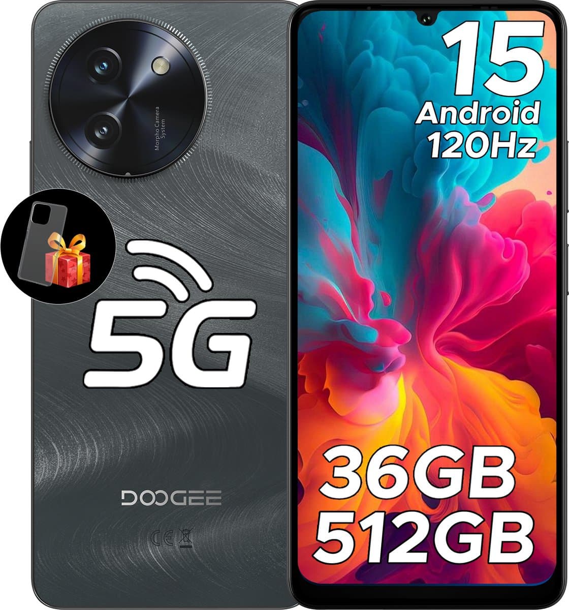 DOOGEE Note59 Pro+ 5G - Mobiele telefoon - Smartphone - 36 GB RAM+ 512 GB ROM - Android 15 - 6,75 in HD+ 120 Hz - 6250mAh/18W - UNISOC T8200 - Camera 50 MP - Face ID - GPS - Zwart — afbeelding 1