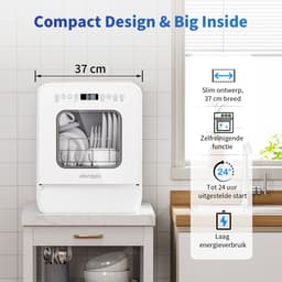 AIRMSEN Mini Vaatwasser - Watertank 5L - 9 Programma's - 4 Couverts - (37x45 cm) - 24u Startuitstel - Wit — thumbnail 4