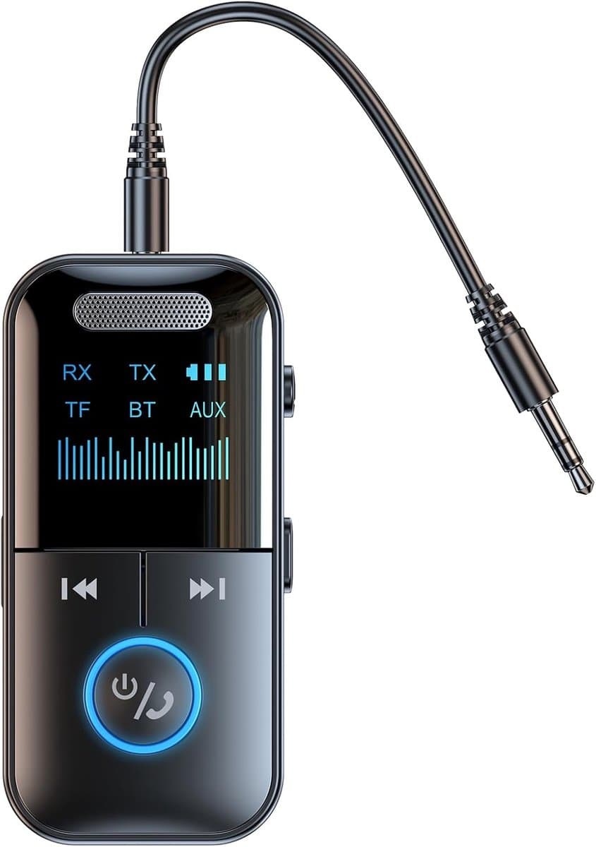 Bluetooth 5.4 audiozender/ontvanger, 4-in-1 draadloze zenderadapter, lage latentie/HD-scherm/TF-kaart AUX-adapter voor vliegtuig, auto, laptop, radio, tv — afbeelding 1