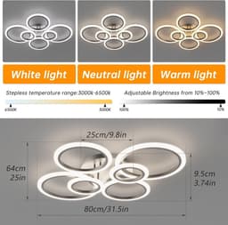 6 Ringen Plafondlamp - Zwart - Smart lamp - Dimbaar Met Afstandsbediening & APP - Moderne Ringen Lamp - Kroonluchter — thumbnail 5