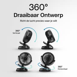 Evolize Mini Ventilator met Clip - Krachtige Draadloze Fan op Batterijen - USB Oplaadbare Ventilator met Klem - Draadloos & Draagbaar - voor Bureau, Bed, Camping & Kinderwagen - Zwart — thumbnail 5