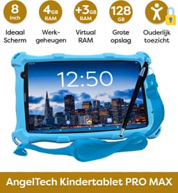 AngelTech Kindertablet PRO MAX - Android 15 - 4+3GB RAM - 64+64 GB - Snelle 8 Inch Kindertablet - Vanaf 3 Jaar - Perfect Voor School - Ouderlijk Toezicht - Ook Voor Volwassenen - 360° Fidgy Beschermhoes - Blauw — thumbnail 2