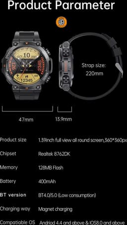 WizBay Premium Select® 1.39 inch HD TFT - Bluetooth Bellen AI Voice - Message - Dynamic Hartslag & Slaap Monitor - Bloeddruk & Bloedzuurstofmeting - 100+ Sport Modi - 700mAh - Magnetic Laden - Zink Alloy Zwarte Case - Zwarte TPU Band — thumbnail 2