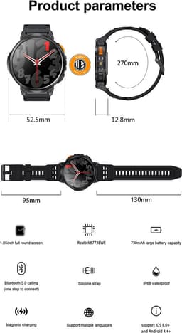 WizBay Premium Select® 1.83inch HD TFT - Bellen AI Voice - Message - Hartslag & Slaap Monitor - Bloeddruk & O2 - 100+ Sport Modi - LED Zaklamp - 730mAh - Magnetic Laden - Zinc Alloy Zwarte Case - Zwarte TPU Band — thumbnail 2