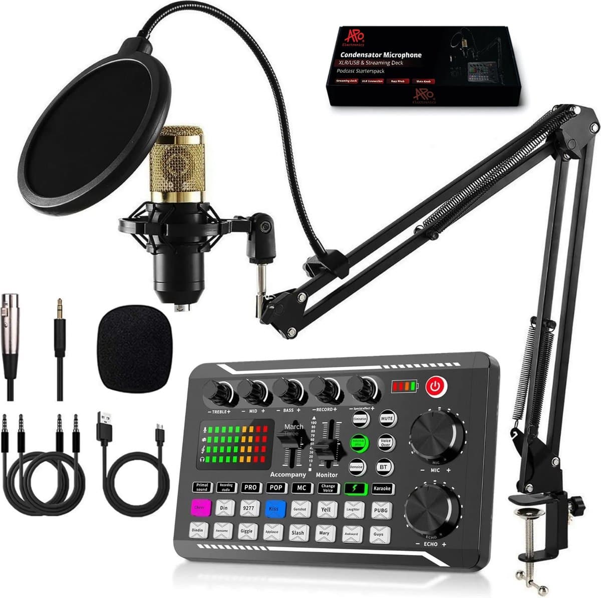 APO Electronics® - Podcast Starterspack - Gaming / Streaming / Podcasting - Condensator XLR Microfoon - Met Boom Arm - Streaming Deck - DJ Mixer — afbeelding 1