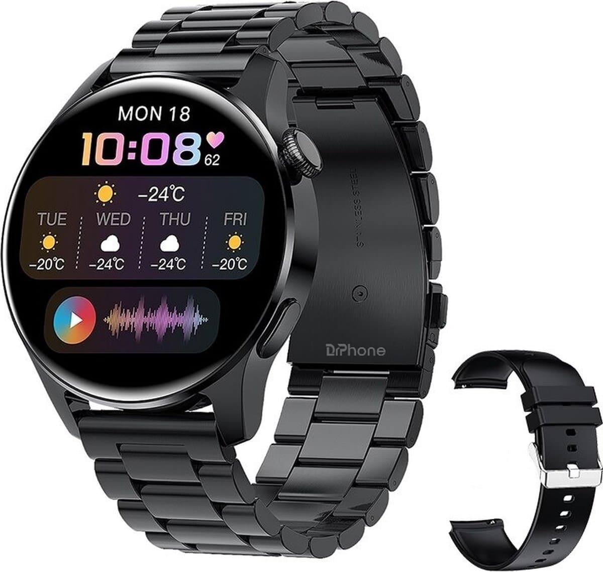 DrPhone ModelX5 - Metalen Smartwatch 46mm - A-GPS - Sport Mannen - Touchscreen - Berichten - Bluetooth Bellen + Extra Siliconen Band - Zwart — afbeelding 1