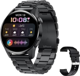 DrPhone ModelX5 - Metalen Smartwatch 46mm - A-GPS - Sport Mannen - Touchscreen - Berichten - Bluetooth Bellen + Extra Siliconen Band - Zwart — thumbnail 1