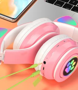 Kinder Hoofdtelefoon-Draadloze Koptelefoon-Kids Headset-Over Ear-Bluetooth-Microfoon-Katten Oortjes-Led Verlichting-Roze — thumbnail 3