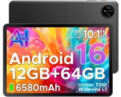 DOOGEE TAB A9 - Tablet - Android 16 - 12GB RAM + 64GB ROM(2TB/TF) - 10 Inch - 6580 mAh - 5G WiFi - Tablet Unisoc T310 - Dubbele Luidspreker - 3,5 mm aansluiting - Face ID - Zwart