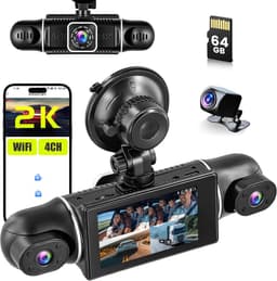 4-kanaals dashcam autocamera met 3 inch IPS, 360° 4-kanaals dashcam auto voor achter 2K + 1080p x 3, autocamera met G-sensor 64GB-kaart, wifi dashcam met app-bediening, loop-opname, nachtzicht — thumbnail 2