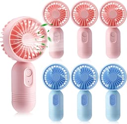 Set van 7 mini draagbare ventilatoren, schattig en lichtgewicht, compact en draagbaar, 3 windsnelheden, USB oplaadbaar, unisex, geschikt voor binnen- en buitengebruik, make-up en op reis (roze en blauw). — thumbnail 1