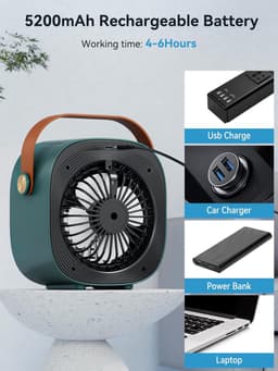 Draagbare airconditioner – Oplaadbare mini-airco (5200 mAh) met 3 snelheidsstanden, 5-10 uur gebruiksduur, stille bureauventilator, persoonlijke luchtkoeler voor thuis, slaapkamer, reizen, kantoor en buitengebruik.（Groente） — thumbnail 2