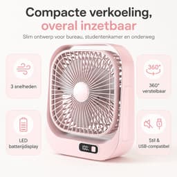 VHV - Bureauventilator - Oplaadbare mini ventilator met LED-display - 3 standen en 360° draaibaar - Roze — thumbnail 2