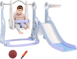 Rutsche 4-in-1 Kinderrutsche mit Schaukel, Basketballkorb, Klettergerüst, Kleinkinderrutsche mit Raketendesign Kinder Spielplatz für Indoor und Outdoor 1,5-4 Jahren Kinder Hellblau — thumbnail 1