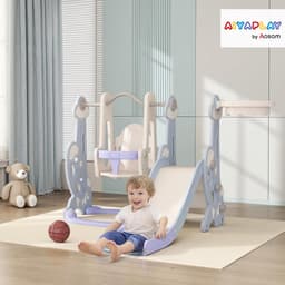 Rutsche 4-in-1 Kinderrutsche mit Schaukel, Basketballkorb, Klettergerüst, Kleinkinderrutsche mit Raketendesign Kinder Spielplatz für Indoor und Outdoor 1,5-4 Jahren Kinder Hellblau — thumbnail 5
